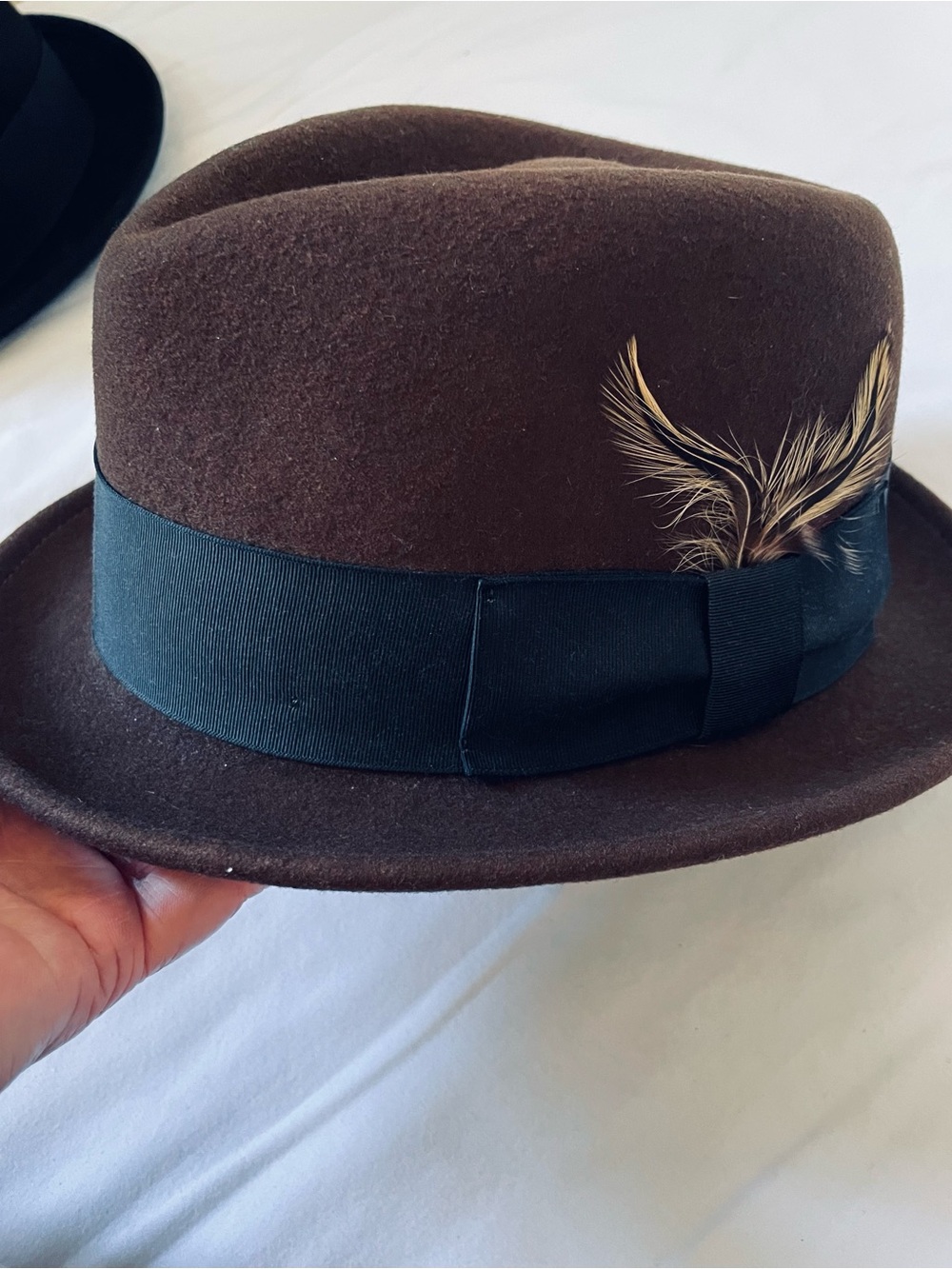 New York Hat Co. Classic Brown Fedora Hat with Black Band and Feather